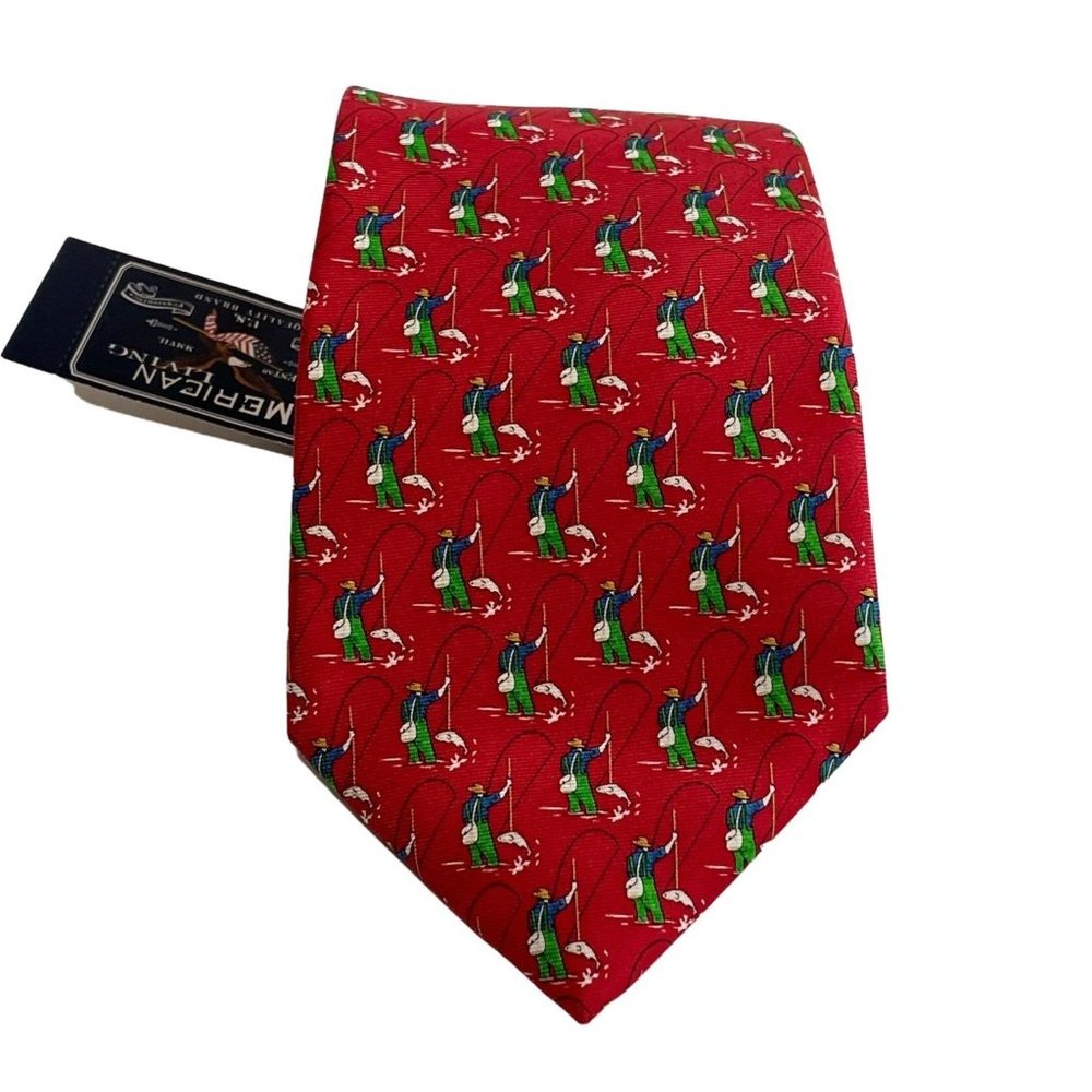American Living Red Sport Fishing Angler Novelty Silk Necktie New